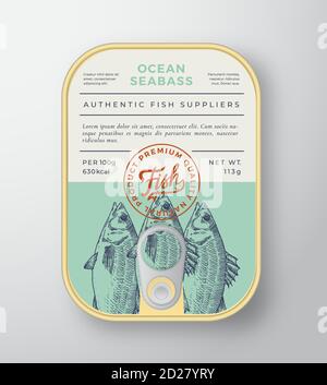 Contenitore in alluminio vettoriale per Abstract Canned Ocean Fish Packaging Design o etichetta. Modern Typography Banner, Silhouette Seabass disegnata a mano con Illustrazione Vettoriale