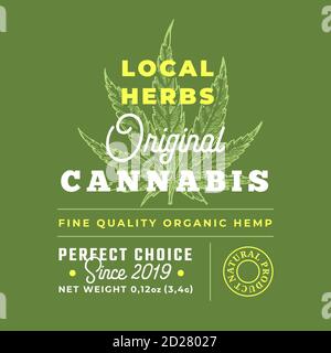 Etichetta di disegno vettoriale astratta di Cannabis locale di Herbs. Tipografia moderna e disegno a mano foglia di canapa Sketch Silhouette sfondo Layout. Illustrazione Vettoriale
