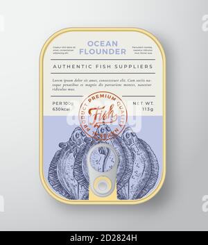 Contenitore in alluminio vettoriale per Abstract Canned Ocean Fish Packaging Design o etichetta. Modern Typography Banner, Silhouette Flatfish disegnata a mano con Illustrazione Vettoriale