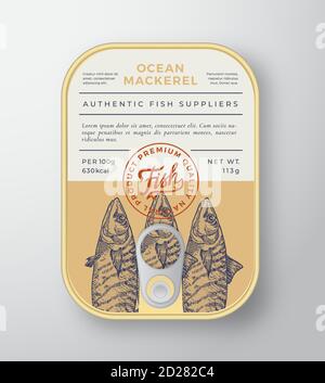 Contenitore in alluminio vettoriale per Abstract Canned Ocean Fish Packaging Design o etichetta. Modern Typography Banner, sgombro disegnato a mano Silhouette con Illustrazione Vettoriale