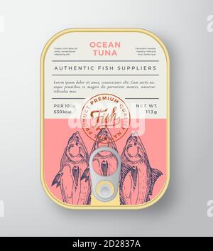 Contenitore in alluminio vettoriale per Abstract Canned Ocean Fish Packaging Design o etichetta. Modern Typography Banner, Silhouette di tonno disegnata a mano con scritte Illustrazione Vettoriale