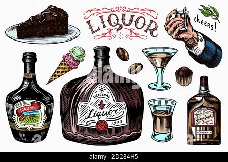 Set di liquori. Bottiglia e shot e alcool distillato. Bicchiere in mano per brindare. Sigari e dolci, gelati e barrette di cioccolato. Inciso a mano Illustrazione Vettoriale