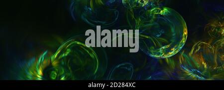 Sfondo frattale generato dal computer. Cerchi astratti verdi e gialli su spazio panoramico nero Foto Stock