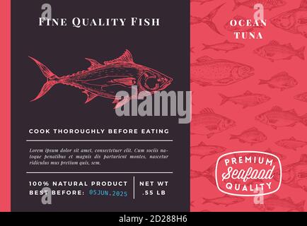 Modello o etichetta di imballaggio vettoriale per l'astratto di tonno oceanico di qualità superiore. Tipografia moderna e disegno a mano disegno Pesce modello di sfondo Seafood Layout Illustrazione Vettoriale