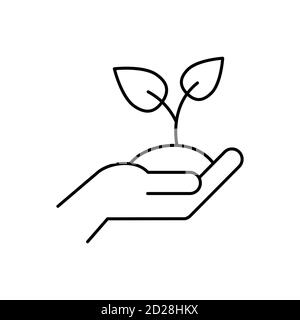 Icona della linea di terreno con la mano. La palma umana tiene una pianta. Germogliare con la rottura della foglia. Agricoltura, agricoltura, concetto di sostenibilità. Contorno nero. Vettore Illustrazione Vettoriale