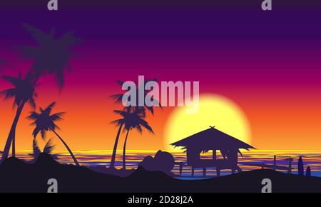 Tropical Sunset Landscape con palme sulla riva. Illustrazione vettoriale. Illustrazione Vettoriale