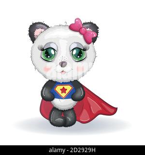 Carino panda con grandi occhi in un mantello da un super eroe, biglietto d'auguri illustrazione, cute animale Illustrazione Vettoriale