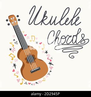 Fumetto ukulele con testo scritta per l'estate, musica poster modello di design. Illustrazione Vettoriale