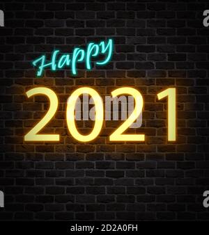 Cartello al neon di New Year 2021 su parete di mattoni scuri Foto Stock