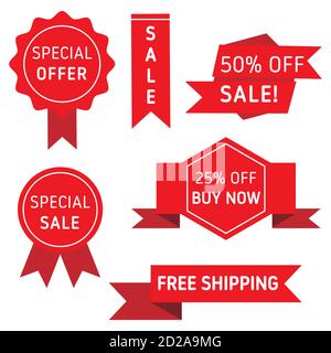 Set di icone banner rossi promozione vendita. Immagine vettoriale dei badge di marketing del negozio online. Illustrazione Vettoriale