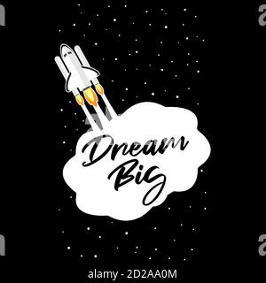 Dream Grande bolla di testo con l'icona del razzo Space Shuttle. Illustrazione vettoriale. Illustrazione Vettoriale