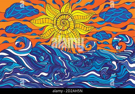 Coloratissimi doodle sole, nuvole e onde oceaniche. Fantastico surreale s Illustrazione Vettoriale