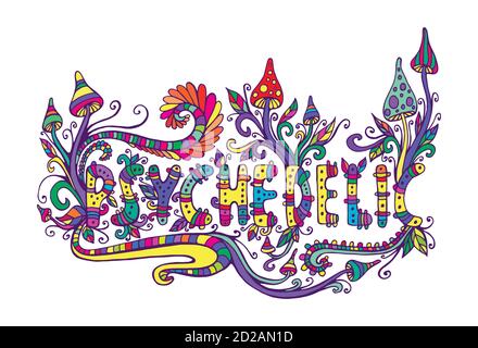 Funghi tribali colorati, piante e parole psichedeliche. Doodle l Illustrazione Vettoriale