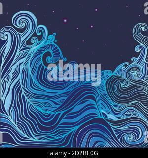 Blu e blu scuro decorativo doodles onde e la stellata cielo Illustrazione Vettoriale