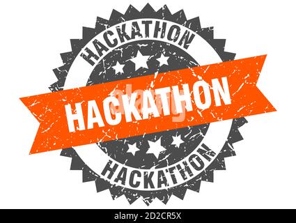 francobollo per hackathon. cartello rotondo con nastro Illustrazione Vettoriale