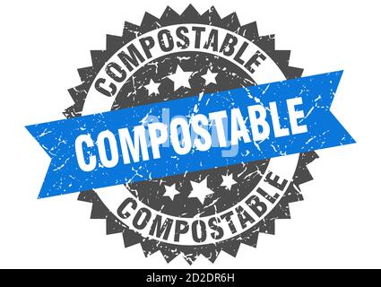 stampino compostabile. segno di grunge rotondo con nastro Illustrazione Vettoriale