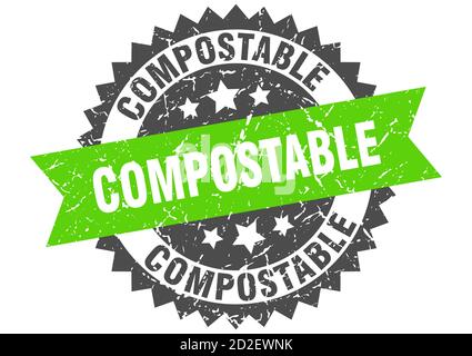 stampino compostabile. segno di grunge rotondo con nastro Illustrazione Vettoriale