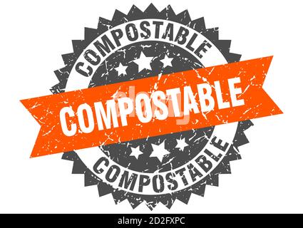 stampino compostabile. segno di grunge rotondo con nastro Illustrazione Vettoriale