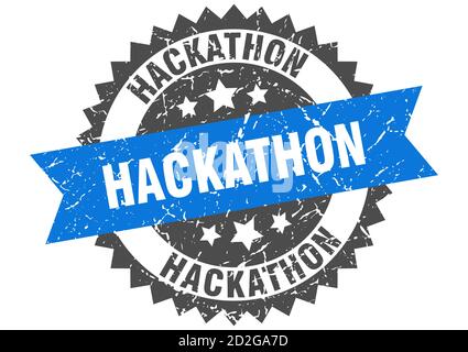 francobollo per hackathon. cartello rotondo con nastro Illustrazione Vettoriale