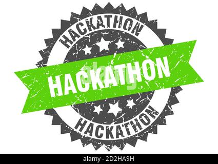 francobollo per hackathon. cartello rotondo con nastro Illustrazione Vettoriale