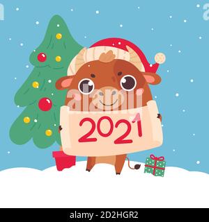 Carino toro cartoon con l'albero di Natale. Illustrazione Vettoriale