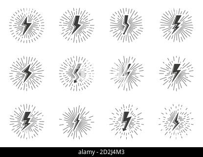 Set di luci annate nere con effetto sunburst. Icone retrò colpo elettrico con freccia, raggi di luce d'urto. Tensione e potenza, elettricità, energia e tuono. Illustrazione vettoriale isolata Illustrazione Vettoriale