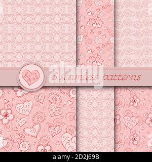 Insieme vettoriale di sei modelli disegnati a mano senza giunture per San Valentino. Di colore rosa. Illustrazione Vettoriale