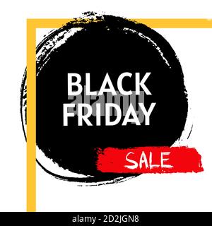 Modello cerchio banner pennello vendita Black Friday. Pittura dell'inchiostro, sfondo del tratto del pennello. Consistenza grunge acquerello. Macchia nera sporca. Illustrazione vettoriale isolata Illustrazione Vettoriale