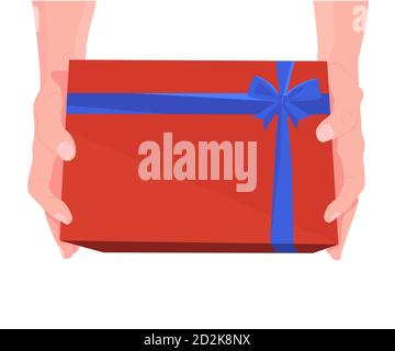 Confezione regalo in mani. San Valentino. Natale e Capodanno. Due mani tengono sorpresa, presente. Illustrazione piatta dei cartoni animati. Foto Stock