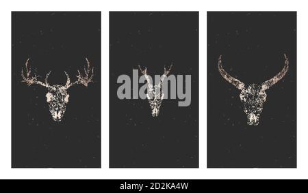 Serie vettoriale di tre illustrazioni con silhouette dorate teschi caprioli, bufali selvatici ed elementi grunge su sfondo nero. Per la progettazione, la stampa, il tatt Illustrazione Vettoriale