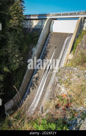 Diga di Cleveland di Capilano Lake nel nord di Vancouver, BC. Vista verticale sull'alta diga con acqua corrente. Foto Stock