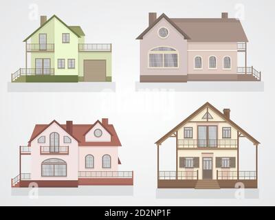 Insieme vettoriale di case private colorate icone. Design piatto. Illustrazione Vettoriale
