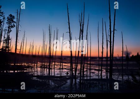 Tramonto al Fountain Paint Pots, Lower Geyser Basin, Yellowstone National Park, Wyoming, USA Foto Stock