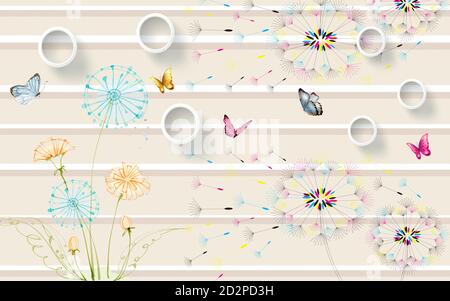 illustrazione 3d, sfondo a strisce beige, anelli bianchi, farfalle multicolore, andelioni colorati con semi volanti Foto Stock