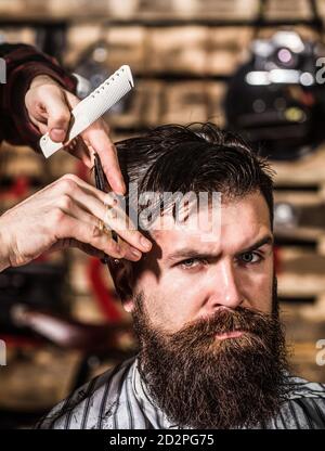 Uomo hairstylist. Barba uomo in barbiere. Hairstylist servente cliente al barbiere, bearded. Parrucchiere, parrucchiere. Uomo bearded. Forbici da barbiere Foto Stock