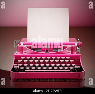 Macchina da scrivere rosa vintage con una carta bianca su un tavolo di legno. Illustrazione 3D. Foto Stock
