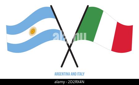 Le bandiere Argentina e Italia hanno attraversato e ondulato lo stile piatto. Proporzione ufficiale. Colori corretti. Illustrazione Vettoriale