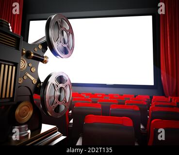 Proiettore cinematografico d'epoca nel cinema. Illustrazione 3D. Foto Stock