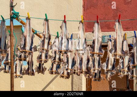 Essiccare il pesce per produrre il tradizionale pesce stoccato su scaffali all'aperto a Peniche. Portogallo Foto Stock