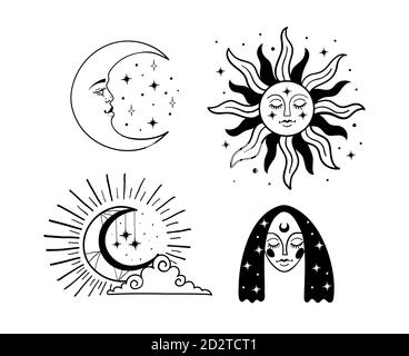 Insieme di bellissimi elementi mistici in stile boho, sole e mezzaluna con un volto, la luna, un volto femminile con stelle. Elementi per design, tatuaggio, adesivi. Illustrazione vettoriale lineare isolata su sfondo bianco Illustrazione Vettoriale