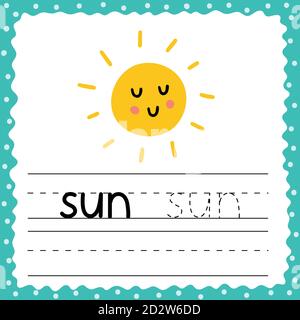 Flashcard con parola Sun per bambini. Scrittura della pagina dell'attività pratica. Foglio di lavoro traccia parole Illustrazione Vettoriale