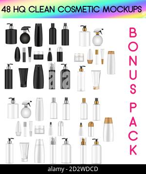 Set di mockup per bottiglie in bianco e nero. Illustrazione vettoriale maschere vuote in bianco e nero vaschette di plastica vuote: Bottiglie con spray, dispenser e. Illustrazione Vettoriale