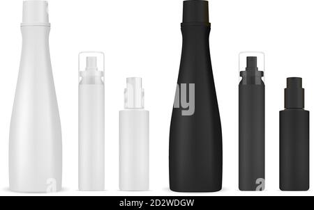 Set di mokup per shampoo cosmetico, spruzzatore e dispenser. Vaschette cosmetiche per gel, liquido, idratante, balsamo. 3d Deta pulito bianco e nero Illustrazione Vettoriale