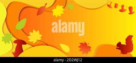 Orizzontale sfondo autunno luminoso. Autunno arancione con foglie cadenti. Posizionare sotto il testo per volantini, volantini, striscioni. Illustrazioni vettoriali, arte cartacea e artigianato digitale. Illustrazione Vettoriale