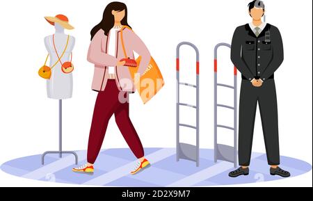 Carattere vettoriale piatto a colori senza volto. Kleptomania. Furto del negozio. Donna rubare borsetta dal negozio. Ladro e guardia di sicurezza nel centro commerciale Illustrazione Vettoriale