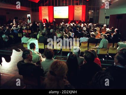 L'incontro dove il leader del partito referendaria, Sir James Goldsmith, ha partecipato al suo primo incontro pubblico a Putney, nel sud-ovest di Londra, stasera (Thurs). Foto di David Cheskin. Foto Stock