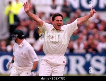 L'Inghilterra Mark Ealham celebra dopo un L.B.W su Steve Waugh (dietro) in Australia a Headingley Today (Giovedi). Foto di Owen Humphreys/PA. Foto Stock