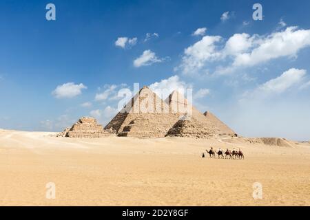 Giro in cammello al complesso piramidale, Giza, Egitto Foto Stock