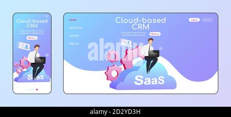Modello vettoriale piatto a colori della landing page adattativa CRM basata su cloud. Uomo d'affari in camicia e scollo mobile e layout home PC. SaaS una pagina Illustrazione Vettoriale