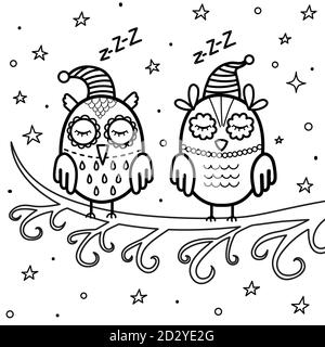 Gufi dormienti sulla pagina di colorazione ramo. Libro da colorare di buona notte Illustrazione Vettoriale